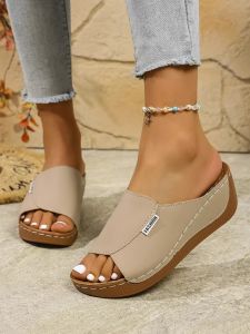 Plus Size Thick-Soled Casual WomenS Slippers 2025 New Model Wide Strap Simple Fashion Peep-Toe Wedge Slippers