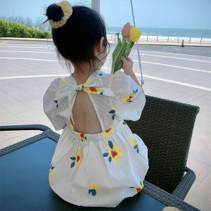 Childrens skirt summer Korean girl 2024 new floral short sleeved dress baby stylish backless princess skirt