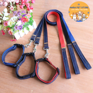Bộ dây dắt chó mèo kèm vòng cổ bằng vải jean 2 lớp (mẫu mới) - Hara Pet Store