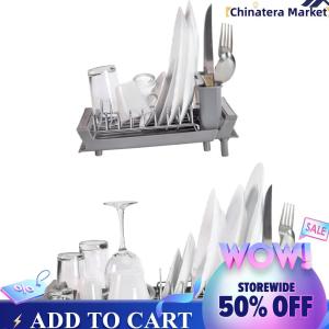 【Chinatera】Expandable Dish Rack with 2 Utensil Holder Dish Draining Tray Detachable Retractable Dish Drainer for Kitchen Countertop