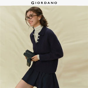 Giordano Women Cable-Knit Knitted Pullover with V-Shaped Lapel & Contrast Color Free Shipping 18355704