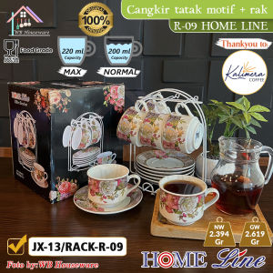 HOME LINE cangkir set tatakan + rak motif Rococo rose keramik / tea set coffee cup and saucer with rack porcelain R-09