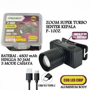 Senter Kepala LED Probest P-100Z COB 100W Zoom Super Turbo Rechargeable Aluminium Body