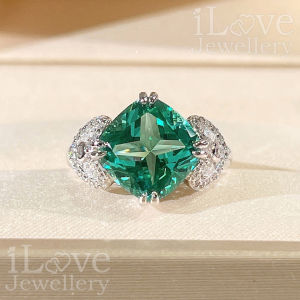 iLove Jewellery 925 Sterling Silver 18K White Gold Plated 5ct Cushion Blue-Green Cubic Zirconia Ring Luxury Jewelry Gifts for Women Fashion ILR032