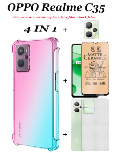 (4in1) For Realme C35 C33 Gradient Shockproof Phone Case + Screen Ceramic Film + Back Film + Lens Film