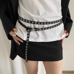 GOXBERK Gothic PU Leather Waist Belt Extra Long Thin Adjustable Rivet Eyelet Knotted Belt Y2K Retro Double Layer Circle Chain Women