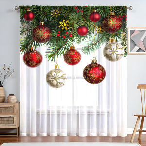 2pcs HD Digital Printed Curtains Home Decor Style Rod Pocket Christmas Wind Chimes Hanging Balls White Elemental Effect Style Curtain For Bedroom Living Room Study Room Office Home Decor