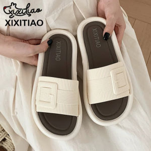 XIXITIAO 2024 Girls Korean-Style Fashionable Simple Square Buckle Color Matching Slippers Summer New Casual Flat Sandals