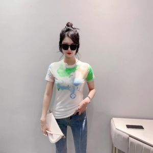 Ammin 2024 đơn giản mới mùa hè cổ tròn thời trang sợi lưới Áo Thun Nữ cỡ rộng phong cách Hàn Quốc giản dị vui vẻ chắp vá màu in graffiti tay ngắn áo blouse thanh lịch