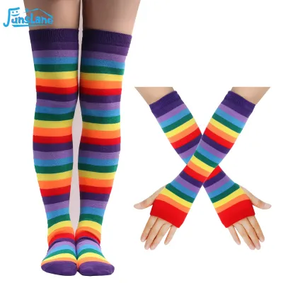 FunsLane Women Rainbow Striped Arm Sleeve Gloves Leg Warmer Set Colorful Striped Sunscreen Fingerless Gloves Thigh High Socks Cosplay Props For Party Supplies