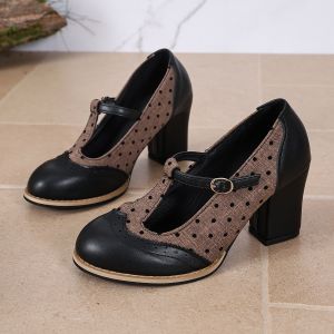Free Shipping In-Stock Color-Block Polka Dot High Heels 2026 Autumn New Collection Round-Toe Chunky Heel Plus-Size Retro Professional Flats For Women