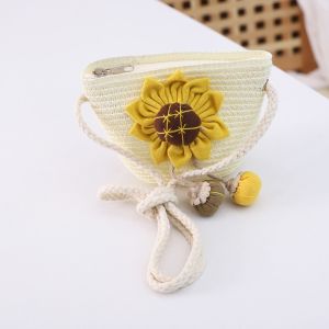 Girls Flower Shoulder Bag Mini Cute Woven Shoulder Straw Bag Kids Sling Bag Straw Handmade Woven Bag Coin Purse