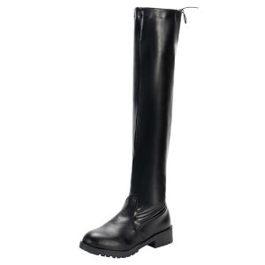 Size 35-42 Womens Leather Shoes Black Over Knee Boots Thick Heel Long Tube Martin Boots(Add 1 Size)