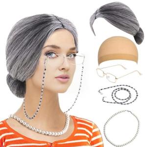 5pcs Kids Old Lady Costume Set 100th Day of School Costume for Halloween Cosplay Props for Girls