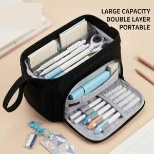 Pencil Case Large Capacity Canvas Zipper Pen Bag Portable School Stationery Holder Durable