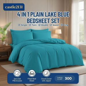 4-in-1 Lake Blue Bedding Set Fitted Sheet Zipper Duvet Cover 2 Pillowcases Soft Hotel Quality Bedsheet Set for Bedroom Comfortable Mattress Cover All Sizes