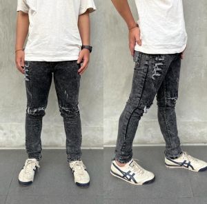 Celana Jeans Panjang Pria Sobek Ripped Snowblack Sandwash Slimfit Stretch Destroy