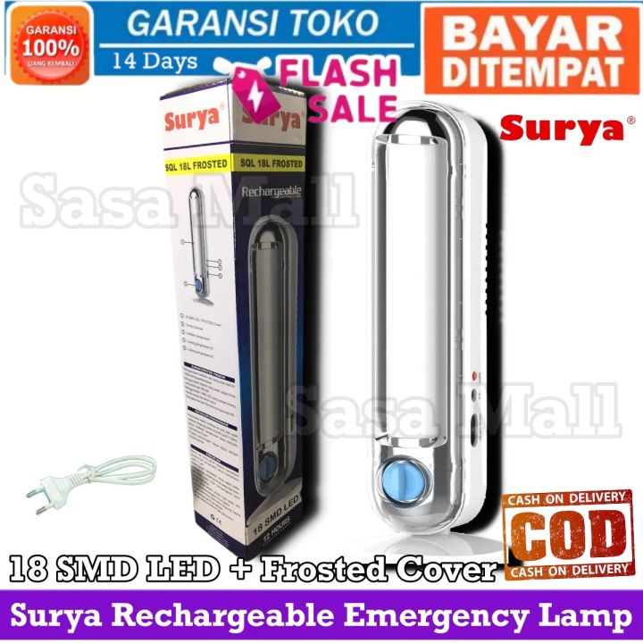Bayar di Tempat Surya Rechargeable Emergency Lamp SQL 18L Frosted 18 SMD LED Super Terang Tahan 12 Jam Lama Pencahayaan Lampu Darurat Lampu Meja Belajar Isi Ulang AC DC Tombol Dimmer 1600 mAh Laz COD Sasa Mall