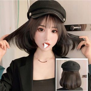 Original Wig for Women Human Hair Hats with Wig Attached for Women Cap with Short Bobo Black Straight Hair Costume Disguise