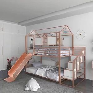Bed Frame Double-layer Wrought Iron Bed Iron Frame High And Low Bed With Slide  Bunk Bed