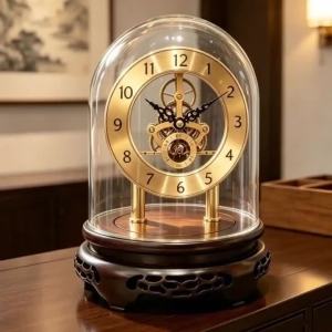 Sacesr Vintage Table Clocks Wood Carving Base Hollow Out Mechanical Structure Dust Proof Glass Cover Table Clocks Luxury Home Decor 6B2Z9