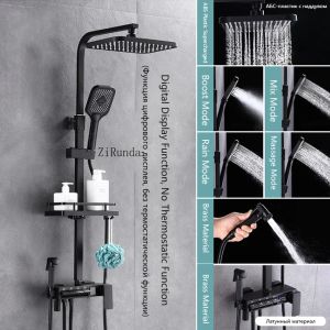 QUITE Black Bathroom Thermostat Shower Set System Faucet 4 Way Tap Digital Display Rainfall Piano Mixer