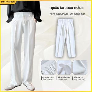 Quần âu ống suông nửa cạp chun SUN màu BE form suông rộng nam nữ chất vải mềm mịn thoáng mát
