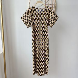 Miyake High-End Pleated Print French Puff Sleeve Dress #3734