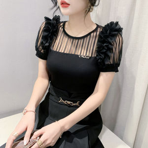 YIMEI เสื้อลายตาข่ายลายทางเซ็กซี่ใหม่สำหรับสตรี2023ฤดูร้อนเสื้อยืดสีดำคอวีผ้าคอตตอนแฟชั่นแบบสองขั้นลูกไม้เสื้อยืดผู้หญิงสวย