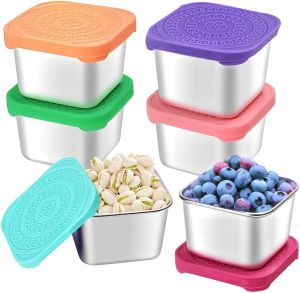 HTEVW 6Pack 6oz Stainless Steel Snack Containers for Kids Easy Open Leak Proof Metal Toddler Snack Containers with Silicone Lids Stackable Metal Toddler Lunch for Daycare School and Travel