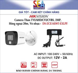 HIKVISION Camera Thân TVI/AHD/CVI/CVBS 2MP  Hồng ngoại 20m Võ nhựa -  DS-2CE16D0T-EXLPF