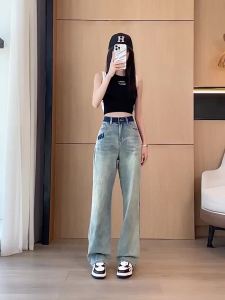 COD  กางเกงยีนส์ขาตรงเอวสูงสำหรับผู้หญิง 2024 กางเกงขากว้างทรงหลวมใส่แล้วดูผอมแบบตัวอักษรบางสำหรับฤดูร้อน  Sem