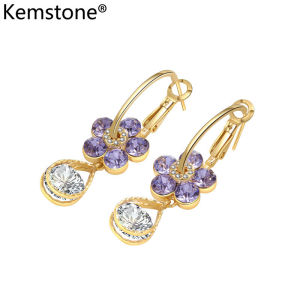 Kemstone Zircon Tím giọt nước Bông tai lủng lẳng cho trang sức mạ vàng nữ