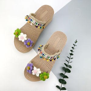 Free Shipping Korean-Style-Inspired Thai Handmade Woven Straw Sandals For Women Perfect For Summer Vacations Featuring A Comfortable Wedge Heel And A Single-Strap Design