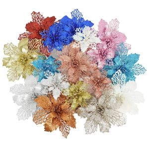 5Pcs Christmas Artifical Flowers Glitter Poinsettia for Christmas Tree Ornaments Flower Decoration 9.5CM