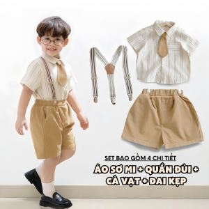 BE284 Bộ áo sơ mi quần đùi yếm đai BERNIE quần áo công tử cho bé trai dự tiệc thôi nôi