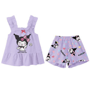Girls Summer Thin Pajamas Suit Sleepwear Sleeveless Top+Shorts Cartoon Pattern Kulomi Yuguigou Meileti Pajama Set Cool Comfortable 120-150CM