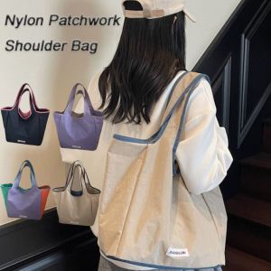 LANGJ โดปามีนคัลเลอร์ กระเป๋าสะพายไหล่ไนลอน ผ้า น้ำหนักเบา กระเป๋าเก็บของที่เป็นมิตรต่อสิ่งแวดล้อม ลำลอง กระเป๋าถือ กระเป๋าช้อปปิ้งพับได้ ผู้หญิง