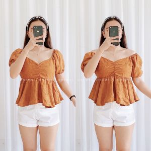 DNEMNLPH Aimee Premium Eyelet Puff Sleeves Ruched Smocked Top - Trendy Korean BKK Special Fabric Embossed Smocked Garter Loose Stretchable Plain Basic Vintage Ruched