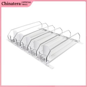 Drink Organizer Dispenser Spring Push Beverage Pusher Shelf Adjustable Width Soda Can Bottle Pusher E-shaped Glide for Refrigerator