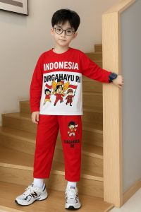 Setelan Baju Merah Putih Model Terbaru Bahan Katun Lengan Panjang Ready Usia Anak 1-10 Tahun