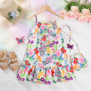 Menoea 3-7 Year Old Korean Version Girls Clothes Colorful Flower Printed Camisole Dress+bag Childrens Holiday Play Casual Wear