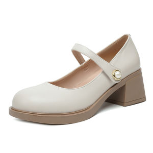Giày Cao Gót Vừa Gót Vuông Kiểu Pháp Mẫu Mới Giày Một Lớp Nữ Miệng Nông Mary Jane Có Khóa Ngọc Trai Đi Làm Cỡ Lớn