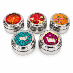 Stainless Steel Meenakari & Pichwai Print Round Storage Box | Decorative Pooja Return Gift Container | Multipurpose Gift Box (Pack of 1 | 4*2 Inches)