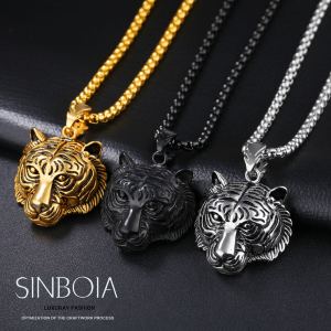 3 Colors Tiger Head Pendant Stainless Steel Necklace For Men Personality Cool Jewelry With Box For Boys