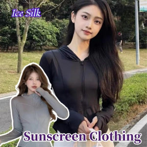 Womens Ice Silk Sunscreen Clothing Hooded Breathable Slim Fit Lightweight Stand Collar Jacket
