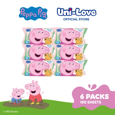Uni-Love x Peppa Pig Baby Wipes 100s (Peppa) Pack of 6 - 99% Water| Hypoallergenic | Alcohol Free | No harmful chemicals | with Aloe Vera | Safe & Gentle | FDA Approved