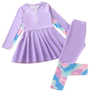 8-12 Years Teen Girl Long Sleeve Swimsuits Summer Mermaid Pattern Print 2 Pcs Sets Swimwear Kids Cute Princess Beach Outfits
