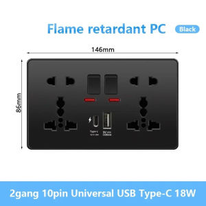 Universal Black USB Type-C 18W Smart Fast Charging Socket Double 5-Pin Power PlugUK  Electrical Internationa Wall Light Switch