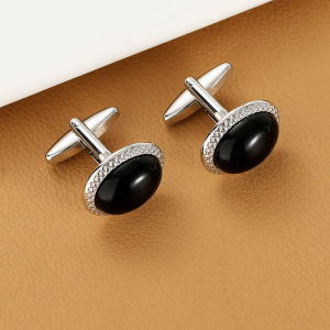 1Pair New Oval Black Rhinestone Cufflinks Simple French Glossy Design Business Shirt Suit Accessories Graduation Cuff Links Gifts
